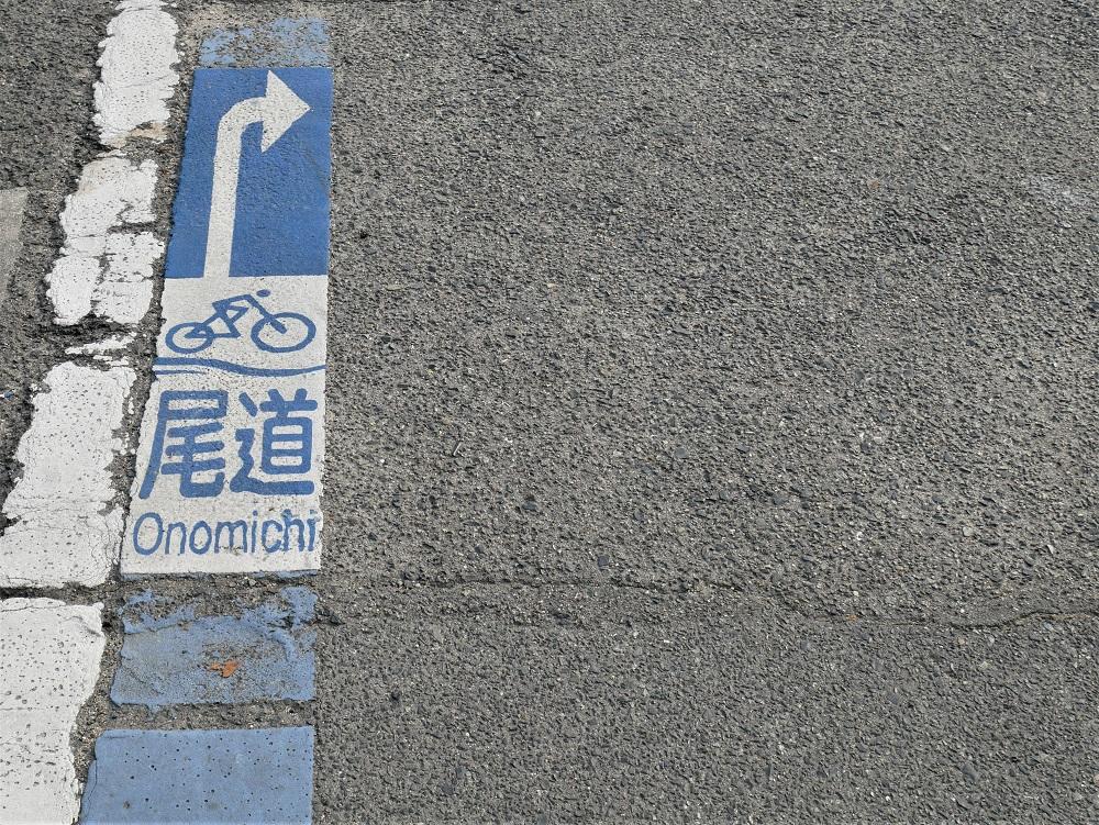 目印は道路に書いてある、このブルーのラインです。