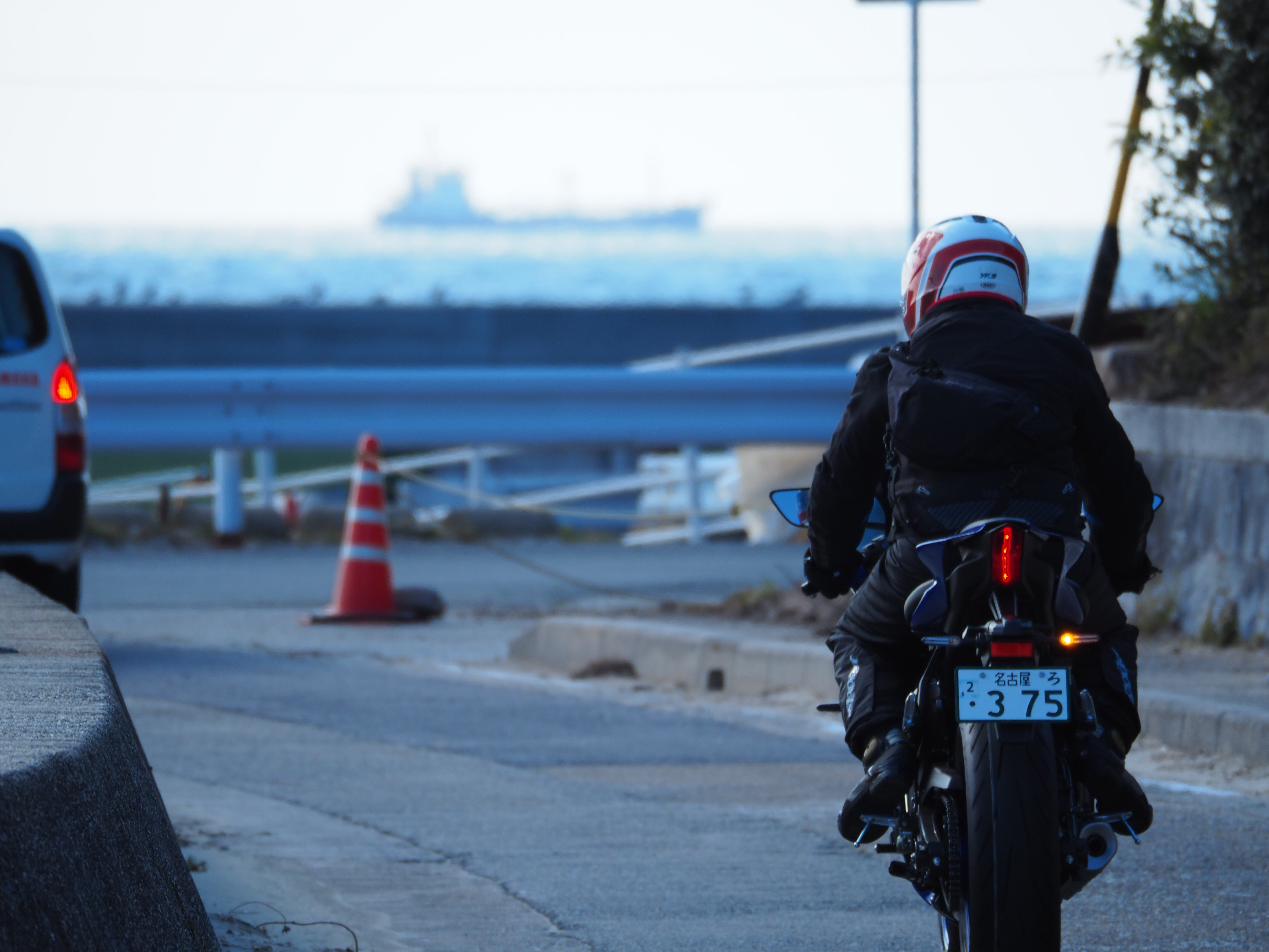 低い堤防で景色が開けています。遠くに見える大きな船はタンカーでしょうか。