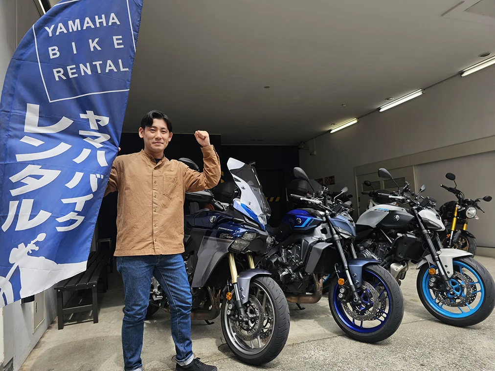 ヤマハ バイクレンタル東京大森の店頭に並ぶTRACER9 GT+ Y-AMT・MT-09 Y-AMT・MT-07 Y-AMT