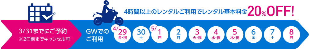 4時間以上のレンタルご利用でレンタル基本料金20%OFF!:3/31までにご予約※2日前までキャンセル可→GWでのご利用(4/29~5/8)