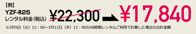 【例】YZF-R25レンタル料金(税込)¥22,300 → ¥17,840 ※3月9日(火)12:00~3月11日(木)12:00の48時間レンタルご利用で計算した場合の合計金額